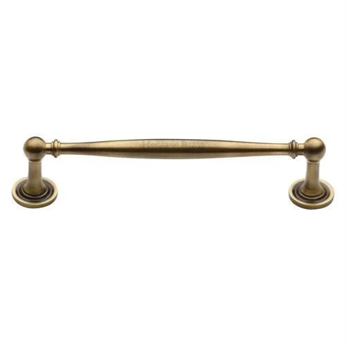Classic Design Slim Bar Style Cabinet Handle With Ringed Pattern Roses - Available In Four Lengths - Antique Brass (Gloss Lacquered)