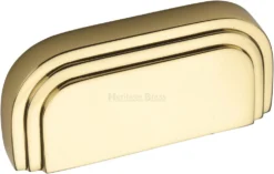 Art Deco Stepped Cup Handle - Rear Fix - 103mm Width (76mm Fixing Centres) - Polished Brass (Lacquered)