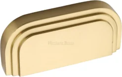 Art Deco Stepped Cup Handle - Rear Fix - 103mm Width (76mm Fixing Centres) - Satin Brass (Lacquered)