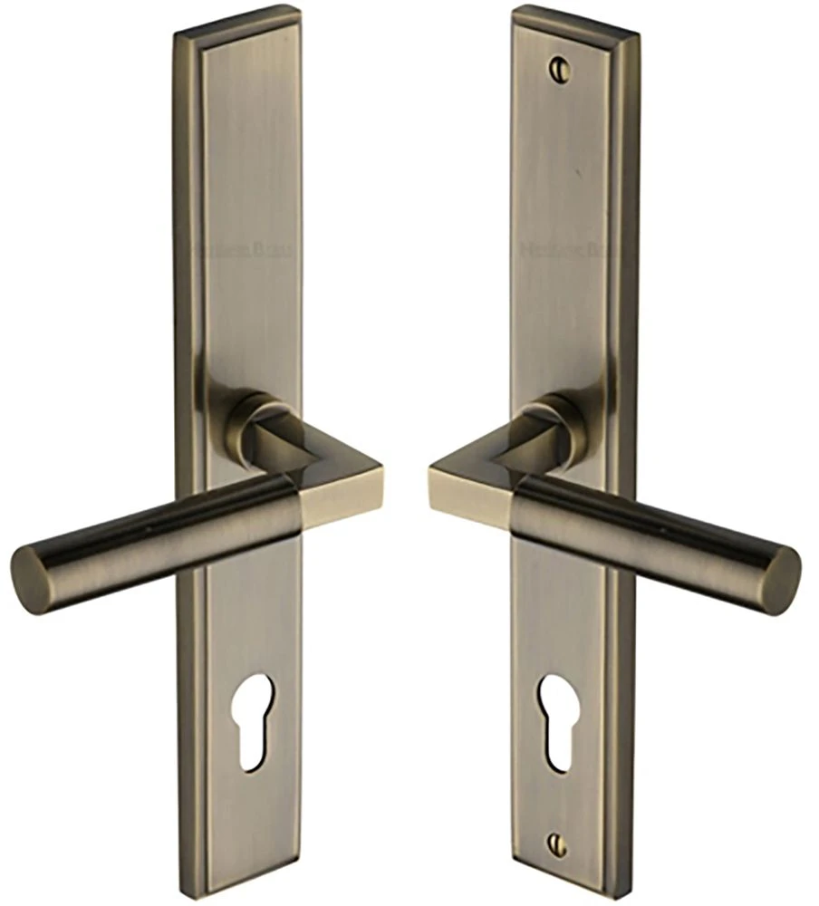 Bauhaus Lever Multi Point Door Lever Handles - 92mm Euro Centres - 259mm Bolt Centres - 285mm X 44mm Back Plate - Antique Brass (Gloss Lacquered)