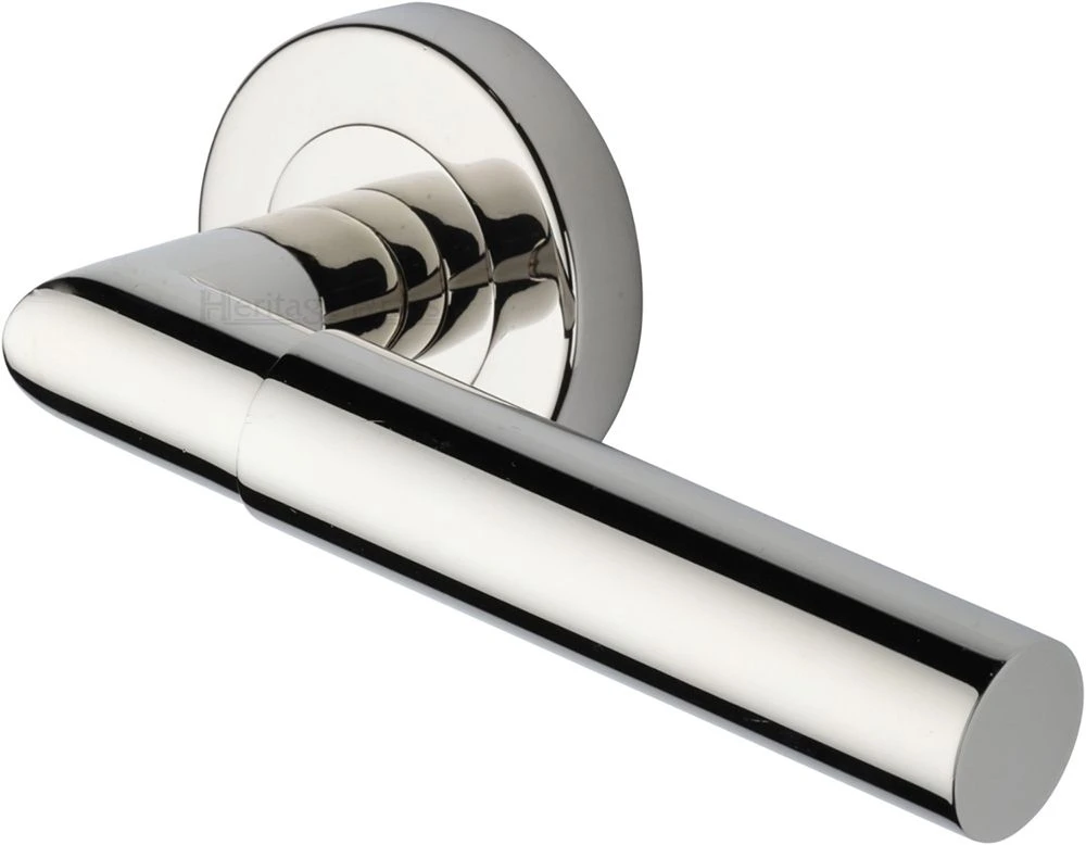 Bauhaus Mitre Lever Handle On Round Rose - Polished Nickel