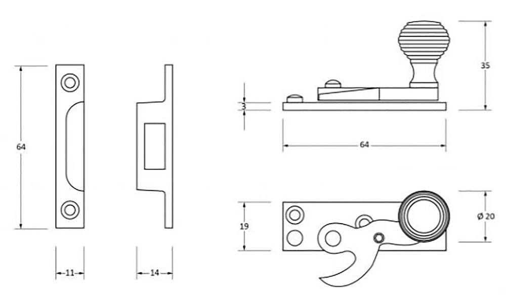 Beehive Hook Pattern Sash Fastener - Aged Brass Unlacquered - Image 2