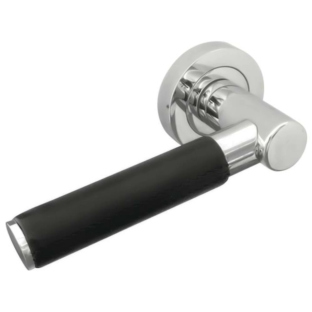 Round Rose Door Handles - Polished Chrome With Black Leather Wrap