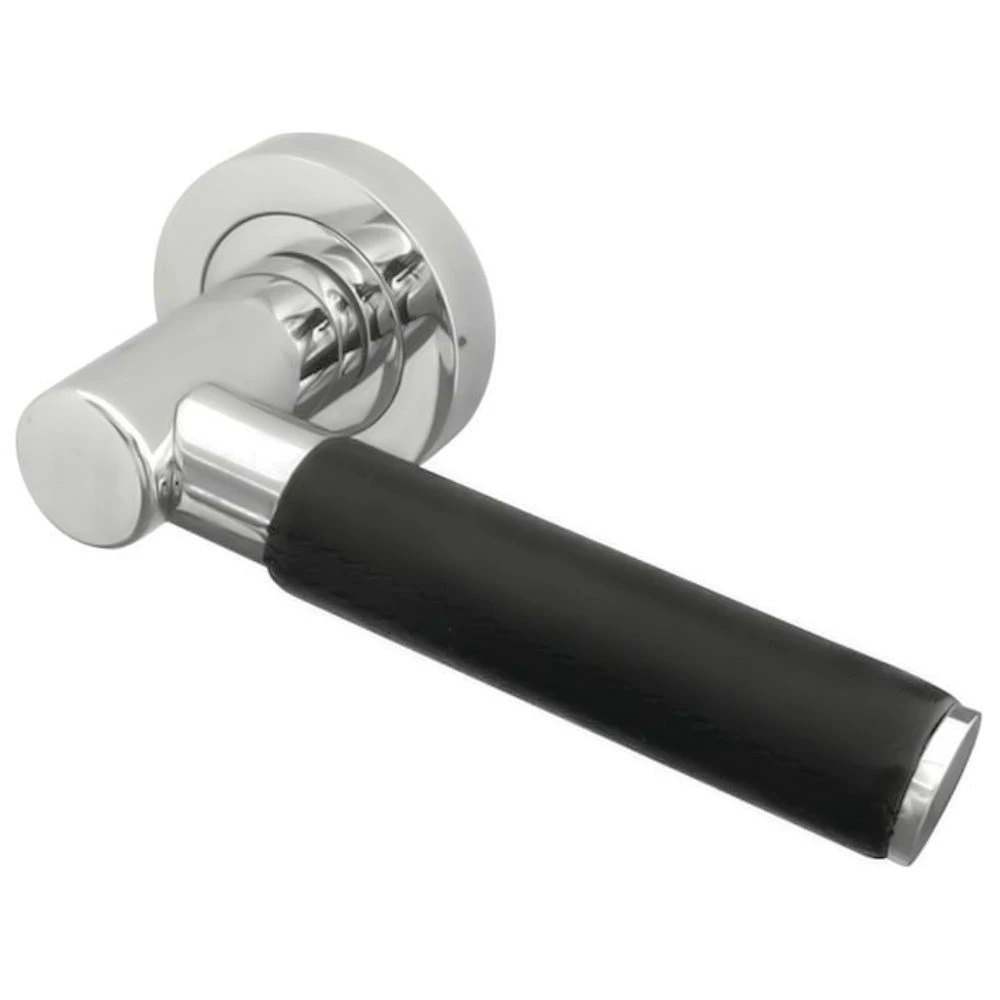 Round Rose Door Handles - Polished Chrome With Black Leather Wrap - Image 2
