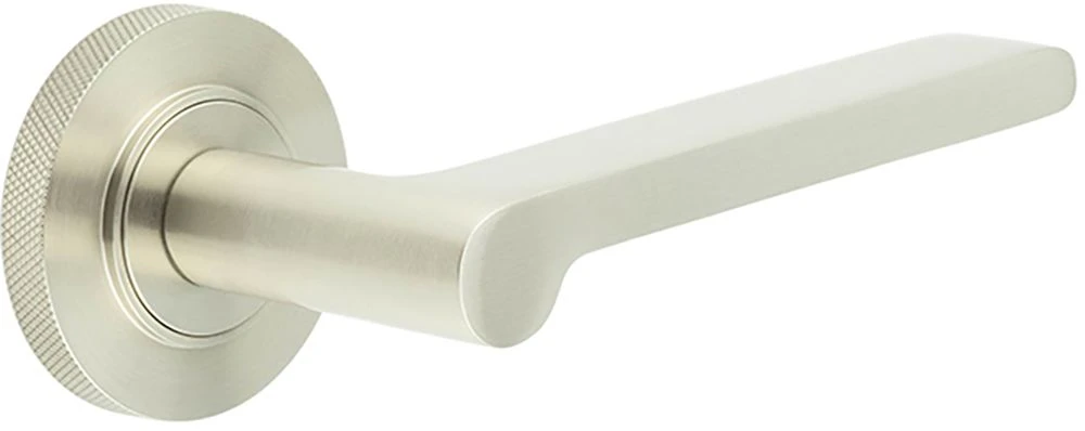 Blade Pattern Lever Handles With Knurled Round Rose - Suitable For Use With FD30 / FD60 Fire Doors - Satin Nickel