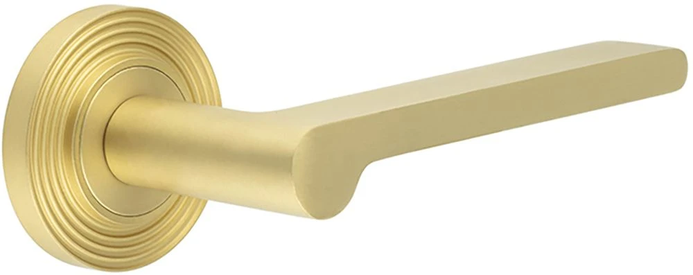 Blade Pattern Lever Handles With Reeded Round Rose - Suitable For Use With FD30 / FD60 Fire Doors - Satin Brass (Lacquered)