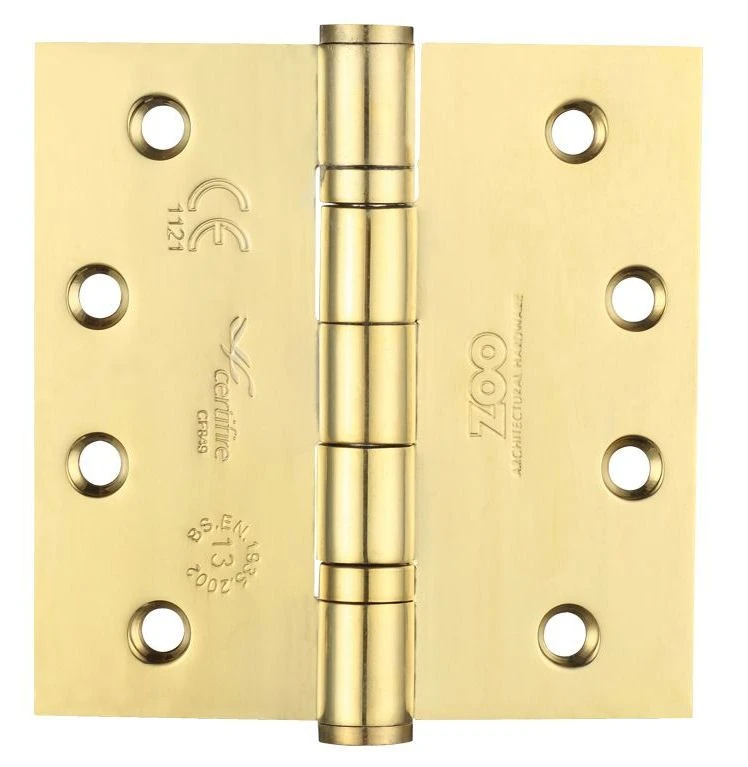 Ball Bearing Broad Butt Projection Hinges - Fire Rated - Grade 13 - CE / UKCA Marked - Certifire Approved - 120kg Weight Limit - 102mm X 102mm - Polished Brass PVD Plated