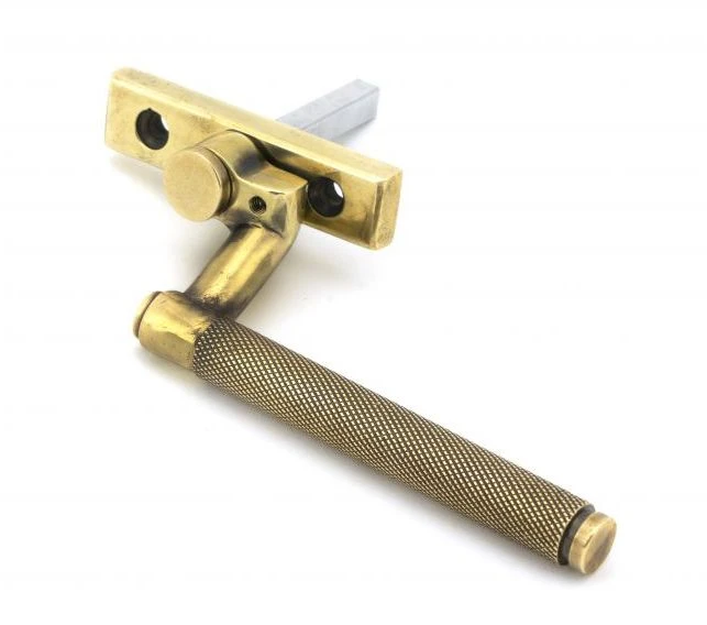 Brompton Cranked Knurled Pattern Locking Espagnolette Handle - Window Fastener - Left & Right Hand - Aged Brass Unlacquered - Image 2