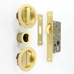 Circular Design Bathroom Hook Lock For Sliding Pocket Doors - With Turn And Release - Satin Brass (Lacquered)