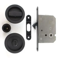 Circular Design Bathroom Hook Lock For Sliding Pocket Doors - With Turn And Release - Matt Black