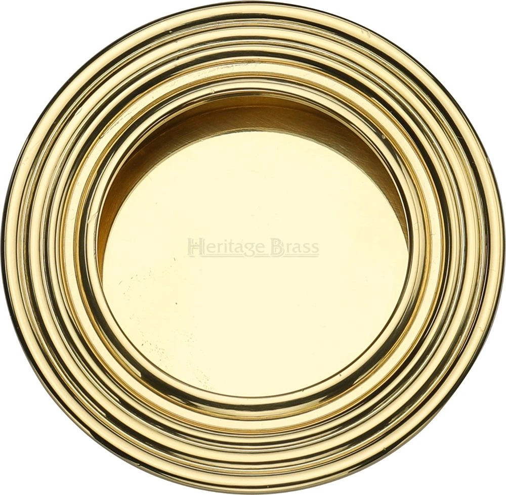 Circular Reeded Flush Pull Handle For Sliding Pocket Doors - 63mm Diameter - Polished Brass (Lacquered)
