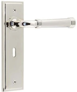 Classic Pattern Lever Handle With Ring Detail On A Large Rectangular Backplate - Polished Nickel