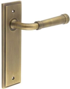 Classic Pattern Lever Handle With Ring Detail On A Large Rectangular Backplate - Antique Brass (Lacquered)