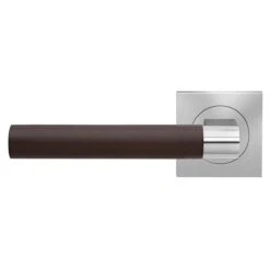 Madeira Square Rose Door Handles - Satin Stainless Steel With Dark Brown Leather