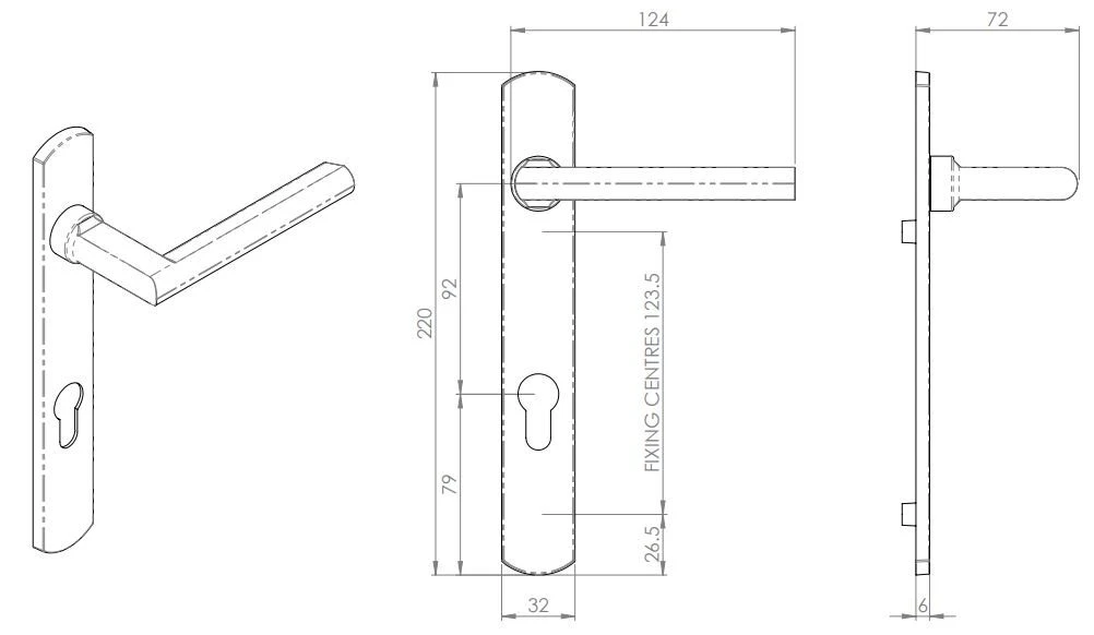 Designer Narrow Style Multi Point Door Lever Handles - 92mm Euro Centres - 123.5mm Bolt Centres - 220mm X 32mm Back Plate - Satin Stainless Steel - Image 2