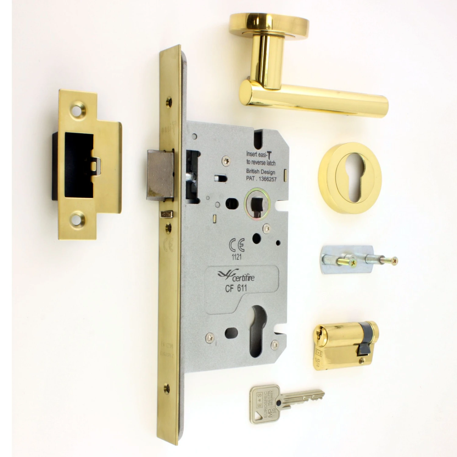 DIN Style Anti-Thrust Mortice Night Latch - Complete Set - Supplied With Handles & Cylinder - Polished Brass