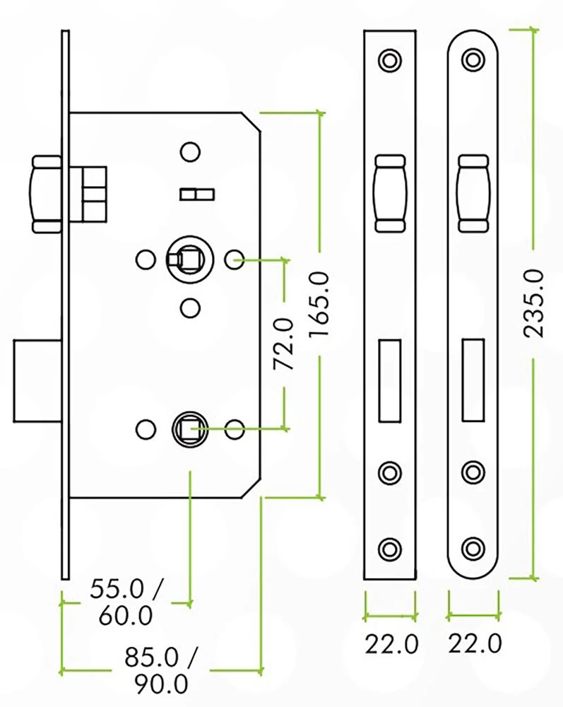 DIN Style Roller Ball Bathroom Mortice Lock - 60mm Backset - (78mm Centres) - Matt White - Image 2