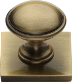 Domed Cabinet Knob With Square Backplate - 32mm Diameter - Antique Brass (Gloss Lacquered)