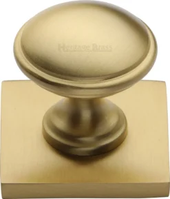 Domed Cabinet Knob With Square Backplate - 32mm Diameter - Satin Brass (Lacquered)