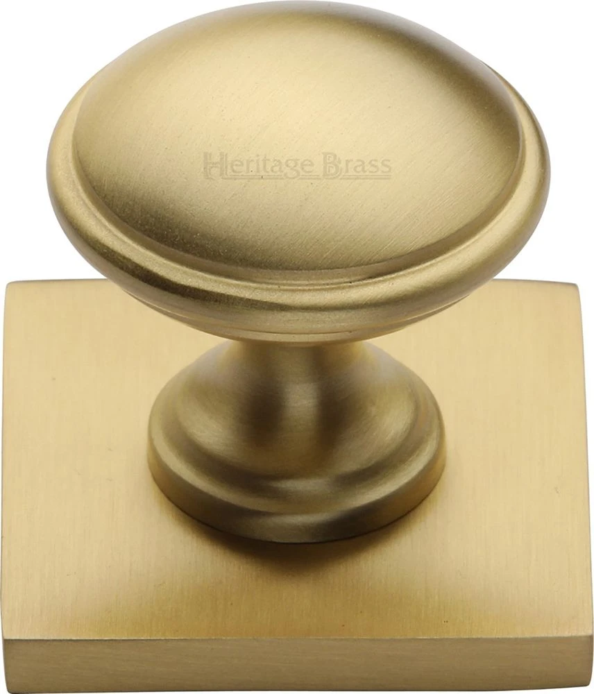 Domed Cabinet Knob With Square Backplate - 32mm Diameter - Satin Brass (Lacquered)
