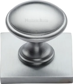 Domed Cabinet Knob With Square Backplate - 32mm Diameter - Satin Chrome