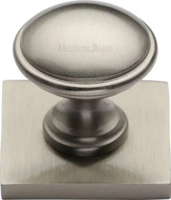 Domed Cabinet Knob With Square Backplate - 32mm Diameter - Satin Nickel