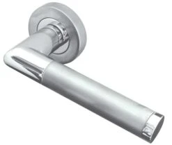 Mited Round Rose Lever Handles - Dual Finish - Satin & Polished Chrome - Suitable For Use With FD30 / FD60 Fire Doors