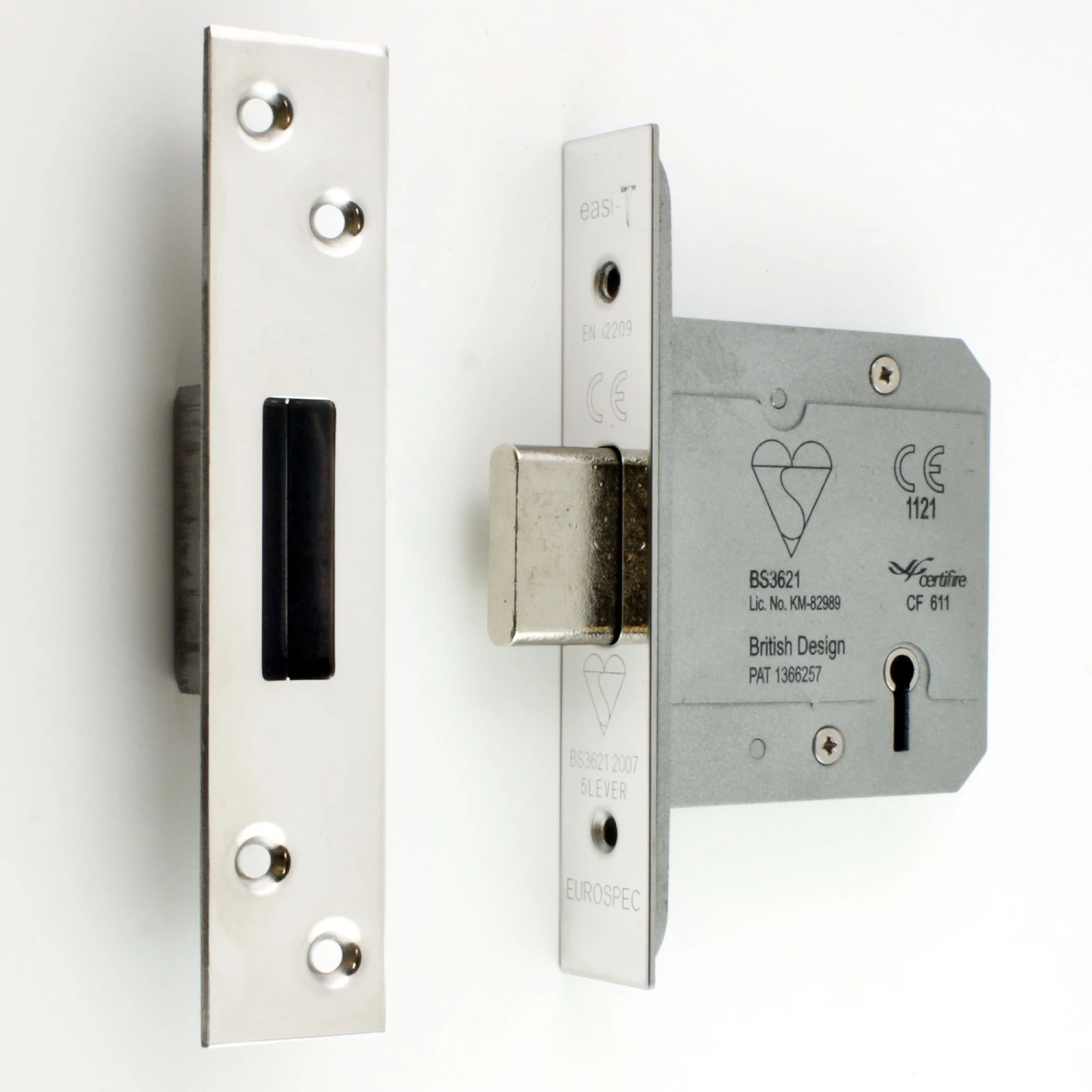 5 Lever British Standard Kite Marked Mortice Dead Lock - BS3621 Rated - CE / UKCA Marked - Fire Rated - Certifire Approved - Polished Stainless Steel -