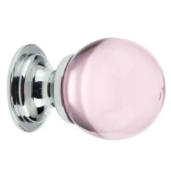 Pink Glass Ball Shape Cupboard Knobs - 2 Sizes - With Polished Chrome Rose