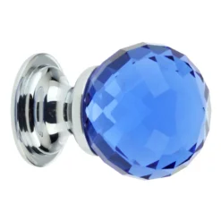 Blue Glass Faceted Shape Cupboard Knobs - 2 Sizes - With Polished Chrome Rose