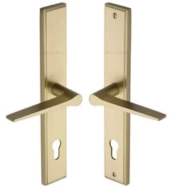 Gio Lever Multi Point Door Lever Handles - 92mm Euro Centres - 259mm Bolt Centres - 285mm X 44mm Back Plate - Satin Brass (Lacquered)