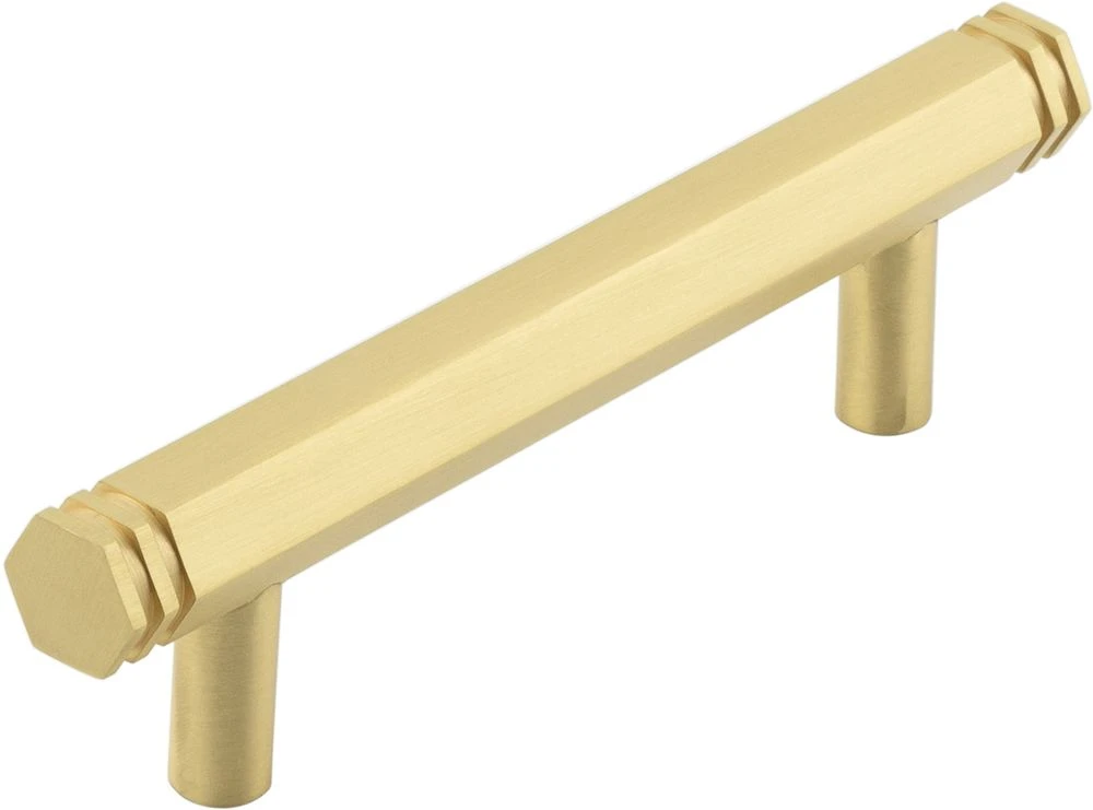 Hexagonal Stepped Detail T-Bar Cabinet Handle - Available In Two Sizes - Satin Brass (Lacquered)