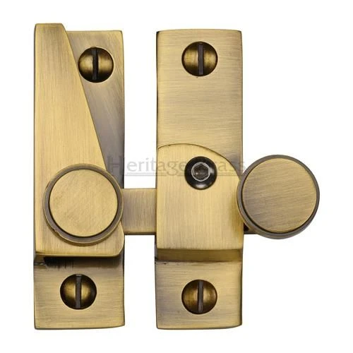 Straight Arm Locking Sliding Sash Window Fastener With Button Knob - Antique Brass (Gloss Lacquered)