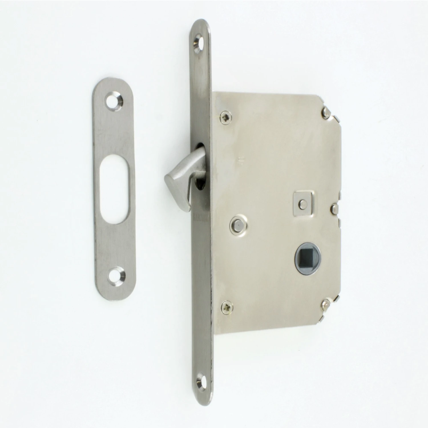 Square Shape Bathroom Hook Lock For Sliding Pocket Doors - With Turn And Release - Satin Stainless Steel - Image 2