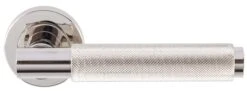 Knurled Design Lever Door Handles With Round Rose - Polished Nickel - Suitable For Use With FD30 / FD60 Fire Doors