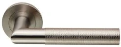 Knurled Design Lever Door Handles On Round Rose - Suitable For Use On FD30 / FD60 Fire Doors - Satin Stainless Steel