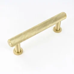 Knurled Design Tubular T Bar Cabinet Pull Handle With Stepped Ends With Optional Base Rose - Satin Brass (Lacquered)