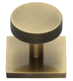 Knurled Disc Cabinet Knob With Square Backplate - 32mm Diameter - Antique Brass (Gloss Lacquered)