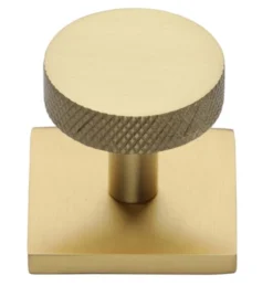 Knurled Disc Cabinet Knob With Square Backplate - 32mm Diameter - Satin Brass (Lacquered)