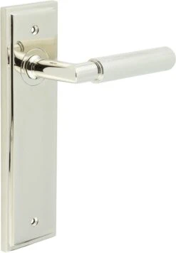 Knurled Pattern Lever Handle On A Large Rectangular Backplate - Polished Nickel