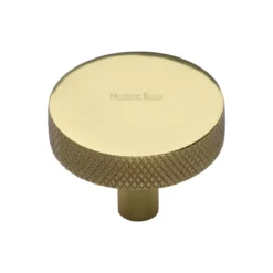 Knurled Pattern Flat Disc Shaped Cupboard Knob - Available In Two Sizes - Polished Brass (Lacquered)