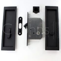 Large Rectangular Shape Inset Style Flush Fitting Handles & Bathroom Hook Lock Set With Turn & Release For Sliding Pocket Doors 210mm X 63mm - Matt Black