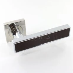 Torrino Square Rose Lever Handles - Chrome With Dark Brown Leather Insert