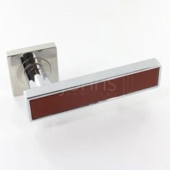 Torrino Square Rose Lever Handles - Chrome Light Brown Leather Inlay