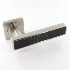 Torrino Square Rose Lever Handles - Satin Nickel With Black Leather Inlay