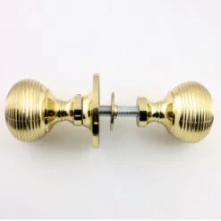 Reeded Pattern "Queen Anne Style" Rim Knob Set - (For Use With Rim Locks) - Polished Brass (Lacquered)