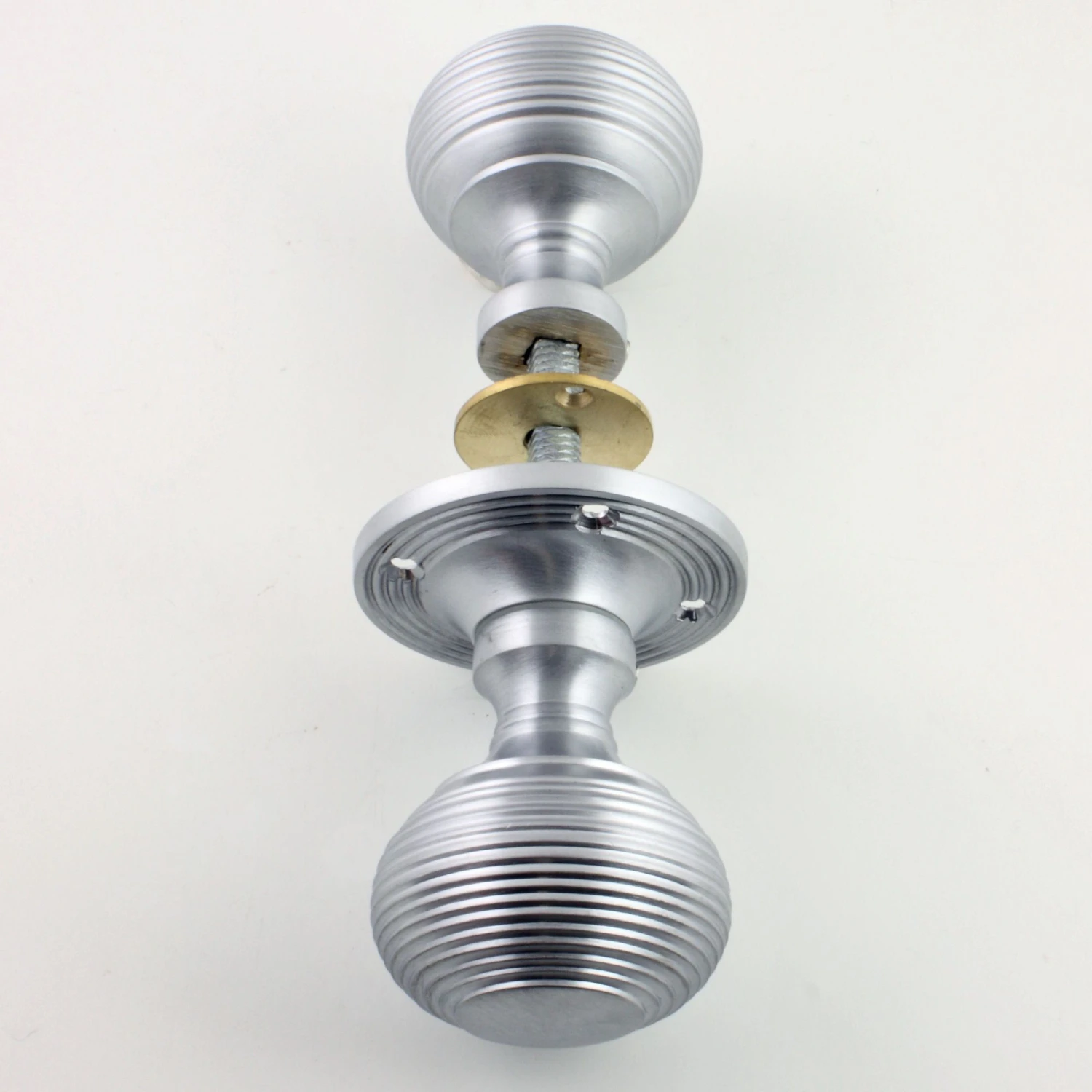 Reeded Pattern "Queen Anne Style" Rim Knob Set - (For Use With Rim Locks) - Satin Chrome - Image 5