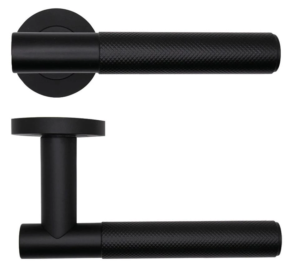 Orta Knurled Round Rose Lever Handles - Matt Black