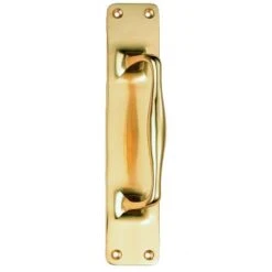 Cranked Design Cast Brass Pull Handle On Back Plate - Polished Brass (Lacquered)