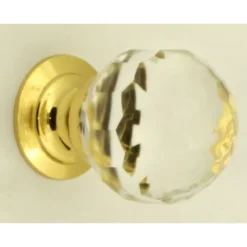 Clear Faceted Shape Glass Cupboard Knobs - 3 Sizes - With Polished Brass Rose
